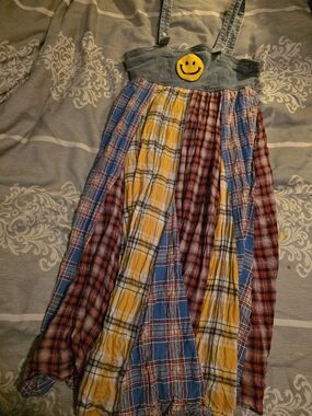 Dressed in LALA Multicolor Plaid Maxi Dress with Denim Bodice and Smile Patch